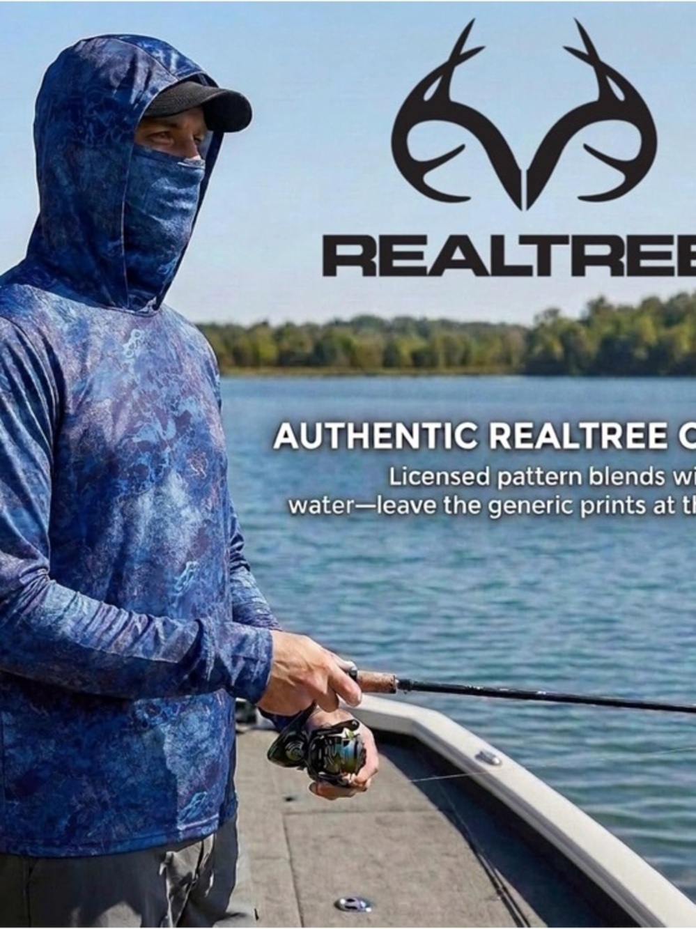 Realtree Blue Camo Fishing Hoodie with Integrated Face Mask